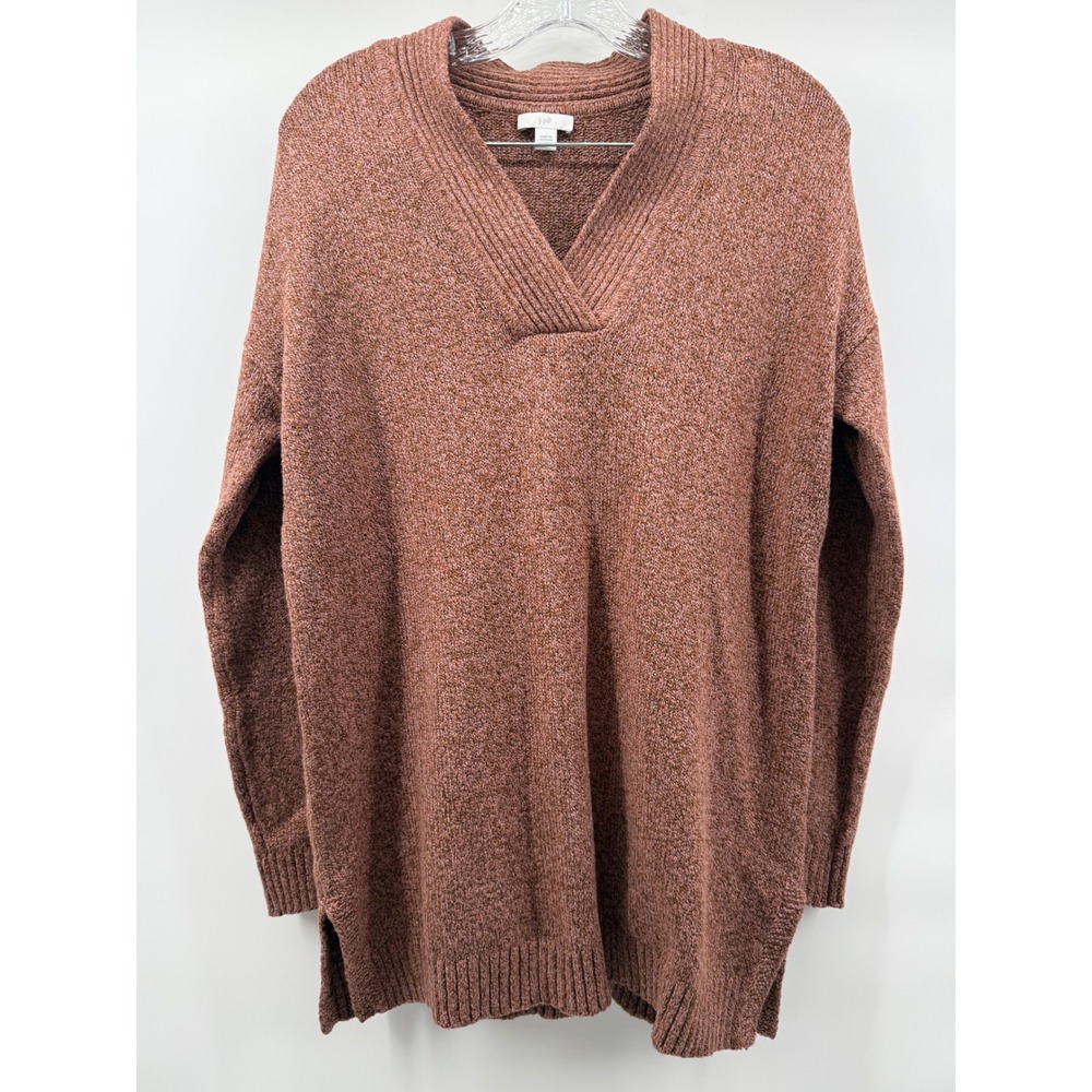 J. Jill Womens Small Marled V-Neck Tunic Sweater Rust Brown Long Sleeve Ribbed